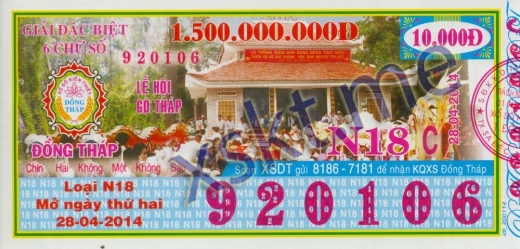 Mẫu vé sô xổ số Đồng Tháp ngày 28/4/2014