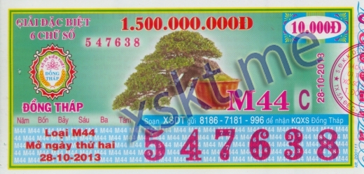 Mẫu vé sô xổ số Đồng Tháp ngày 28/10/2013