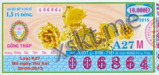 Mẫu vé sô xổ số Đồng Tháp ngày 29/6/2015