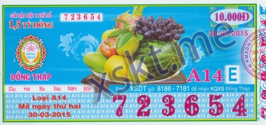 Mẫu vé sô xổ số Đồng Tháp ngày 30/3/2015