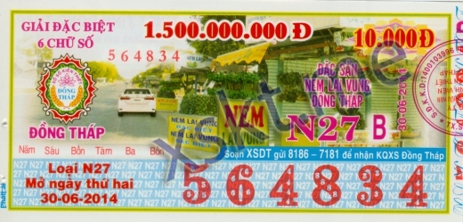 Mẫu vé sô xổ số Đồng Tháp ngày 30/6/2014