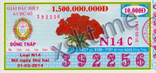 Mẫu vé sô xổ số Đồng Tháp ngày 31/3/2014