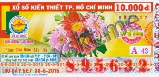 Mẫu vé sô xổ số Hồ Chí Minh ngày 30/5/2015