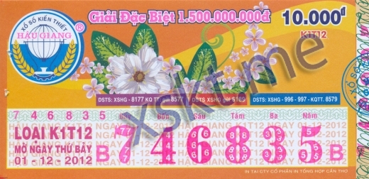 Mẫu vé sô xổ số Hậu Giang ngày 1/12/2012