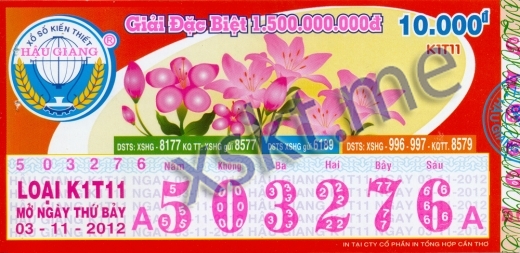 Mẫu vé sô xổ số Hậu Giang ngày 3/11/2012