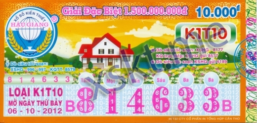 Mẫu vé sô xổ số Hậu Giang ngày 6/10/2012
