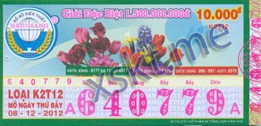 Mẫu vé sô xổ số Hậu Giang ngày 8/12/2012