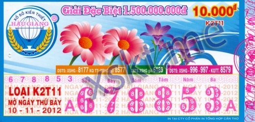 Mẫu vé sô xổ số Hậu Giang ngày 10/11/2012