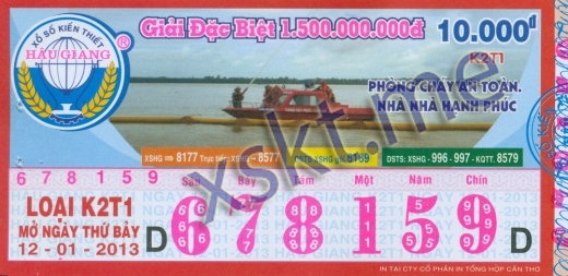 Mẫu vé sô xổ số Hậu Giang ngày 12/1/2013