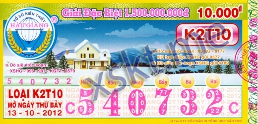 Mẫu vé sô xổ số Hậu Giang ngày 13/10/2012