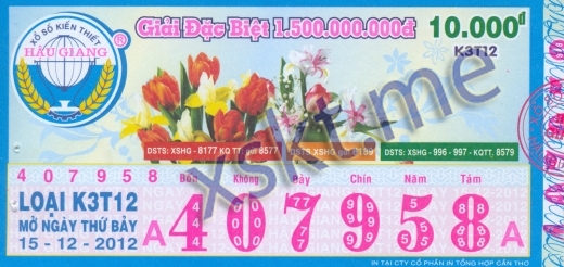 Mẫu vé sô xổ số Hậu Giang ngày 15/12/2012