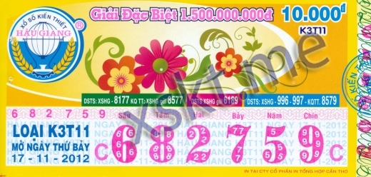 Mẫu vé sô xổ số Hậu Giang ngày 17/11/2012