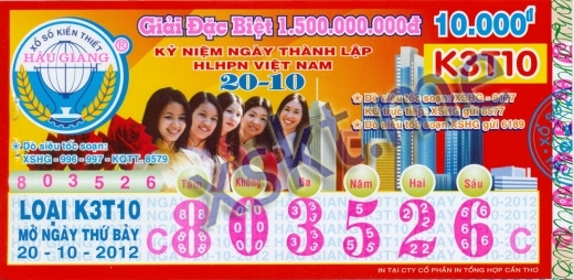 Mẫu vé sô xổ số Hậu Giang ngày 20/10/2012