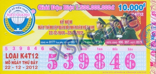 Mẫu vé sô xổ số Hậu Giang ngày 22/12/2012