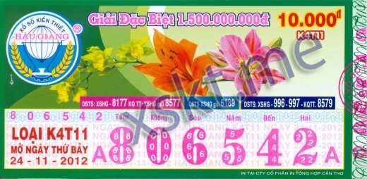 Mẫu vé sô xổ số Hậu Giang ngày 24/11/2012