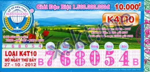 Mẫu vé sô xổ số Hậu Giang ngày 27/10/2012