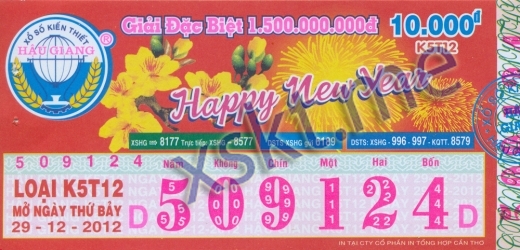 Mẫu vé sô xổ số Hậu Giang ngày 29/12/2012