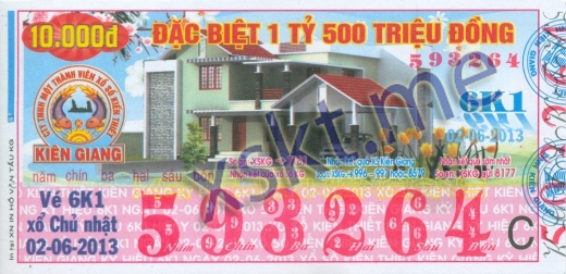 Mẫu vé sô xổ số Kiên Giang ngày 2/6/2013
