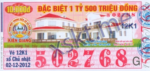 Mẫu vé sô xổ số Kiên Giang ngày 2/12/2012