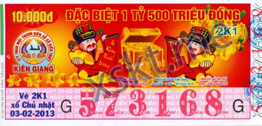 Mẫu vé sô xổ số Kiên Giang ngày 3/2/2013