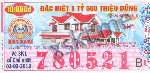 Mẫu vé sô xổ số Kiên Giang ngày 3/3/2013