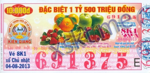 Mẫu vé sô xổ số Kiên Giang ngày 4/8/2013