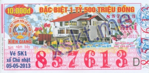 Mẫu vé sô xổ số Kiên Giang ngày 5/5/2013