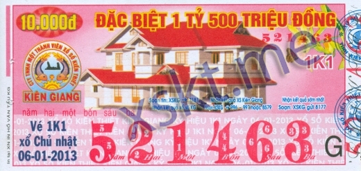Mẫu vé sô xổ số Kiên Giang ngày 6/1/2013