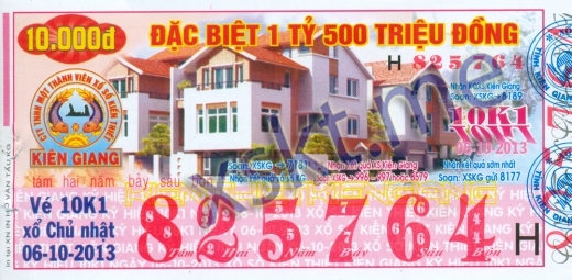 Mẫu vé sô xổ số Kiên Giang ngày 6/10/2013