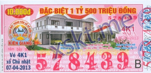 Mẫu vé sô xổ số Kiên Giang ngày 7/4/2013