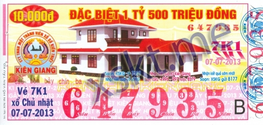 Mẫu vé sô xổ số Kiên Giang ngày 7/7/2013
