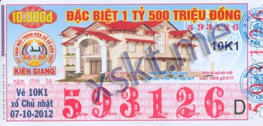 Mẫu vé sô xổ số Kiên Giang ngày 7/10/2012