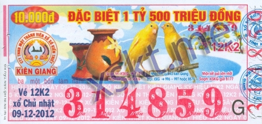 Mẫu vé sô xổ số Kiên Giang ngày 16/12/2012