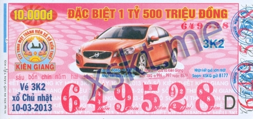 Mẫu vé sô xổ số Kiên Giang ngày 10/3/2013
