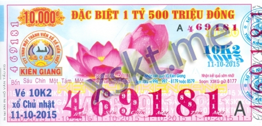 Mẫu vé sô xổ số Kiên Giang ngày 11/10/2015