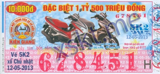 Mẫu vé sô xổ số Kiên Giang ngày 12/5/2013