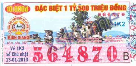 Mẫu vé sô xổ số Kiên Giang ngày 13/1/2013