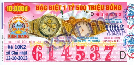 Mẫu vé sô xổ số Kiên Giang ngày 13/10/2013