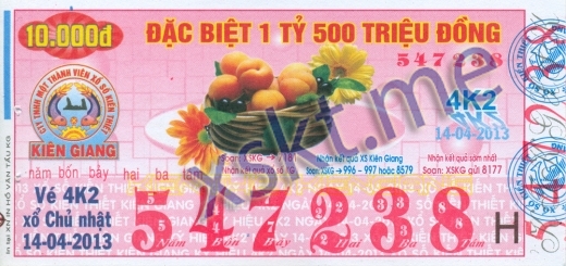 Mẫu vé sô xổ số Kiên Giang ngày 14/4/2013