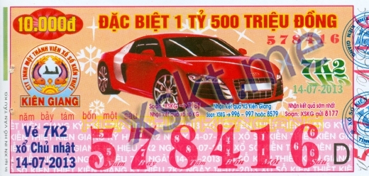 Mẫu vé sô xổ số Kiên Giang ngày 14/7/2013