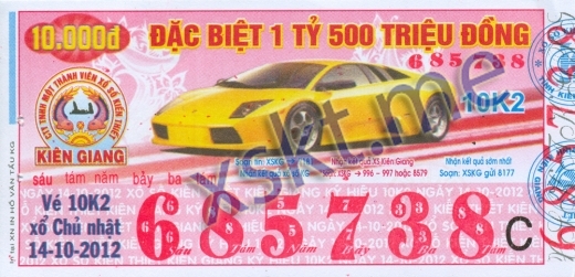 Mẫu vé sô xổ số Kiên Giang ngày 14/10/2012