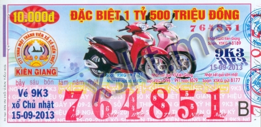 Mẫu vé sô xổ số Kiên Giang ngày 15/9/2013