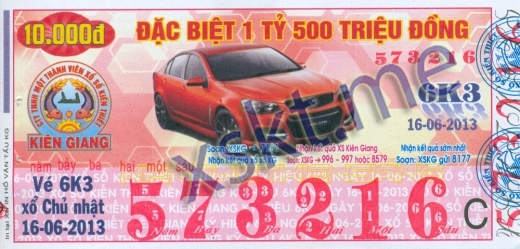 Mẫu vé sô xổ số Kiên Giang ngày 16/6/2013