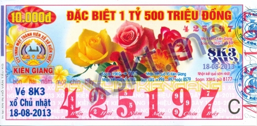 Mẫu vé sô xổ số Kiên Giang ngày 18/8/2013