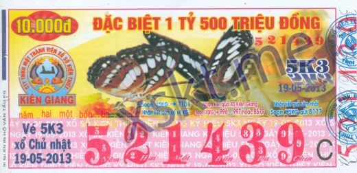 Mẫu vé sô xổ số Kiên Giang ngày 19/5/2013