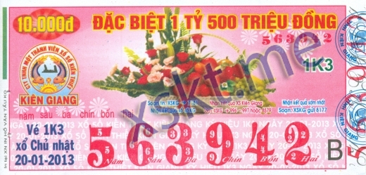 Mẫu vé sô xổ số Kiên Giang ngày 20/1/2013