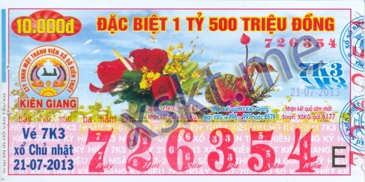 Mẫu vé sô xổ số Kiên Giang ngày 21/7/2013