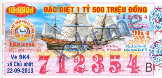 Mẫu vé sô xổ số Kiên Giang ngày 22/9/2013