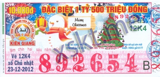 Mẫu vé sô xổ số Kiên Giang ngày 23/12/2012