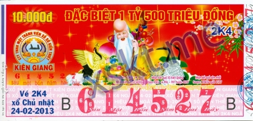 Mẫu vé sô xổ số Kiên Giang ngày 24/2/2013